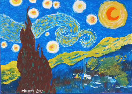 Nuit étoilée, gouache réalisée par Ewan, Mathéo, Melvin et Théo, élèves de 6ème nuit étoilé METM